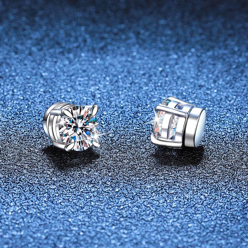 S925 Magnetic Moissanite / CZ Stud Earrings for Men Women, 1ct 6.5mm 4-Prong Round Cut, Inlaid Magnetic Earrings Non-Piercing Clip On Stud Earring