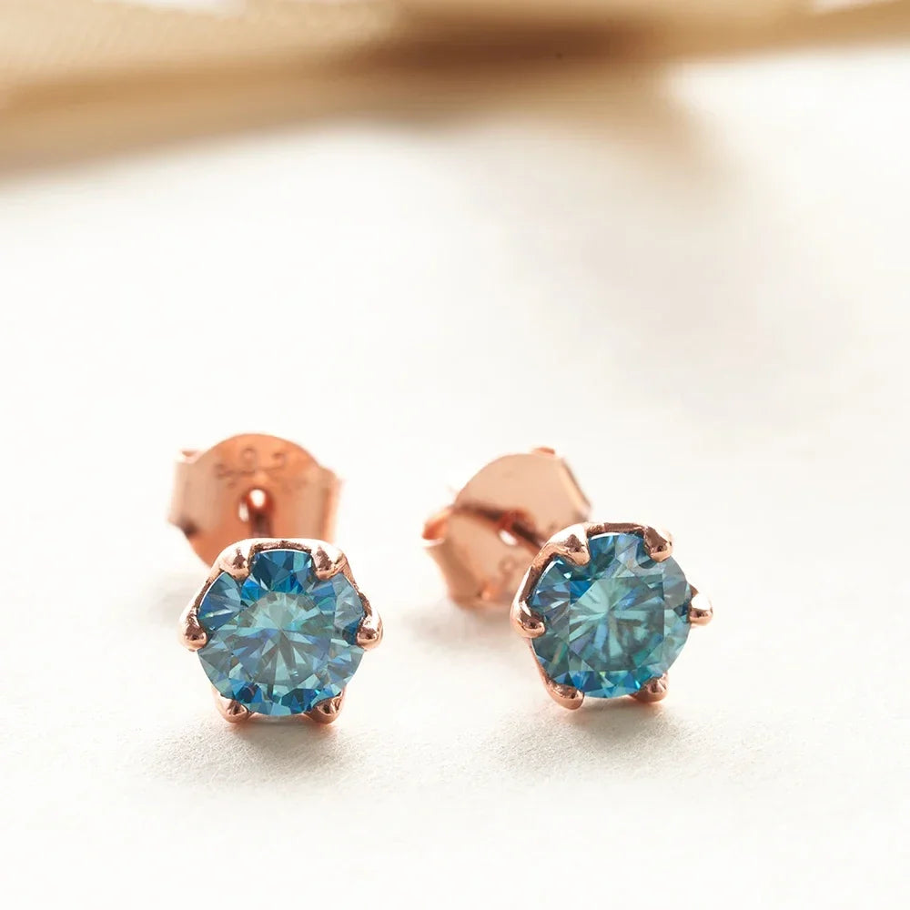 Colored Moissanite Stud Earrings in Rose Gold-Tone Silver
