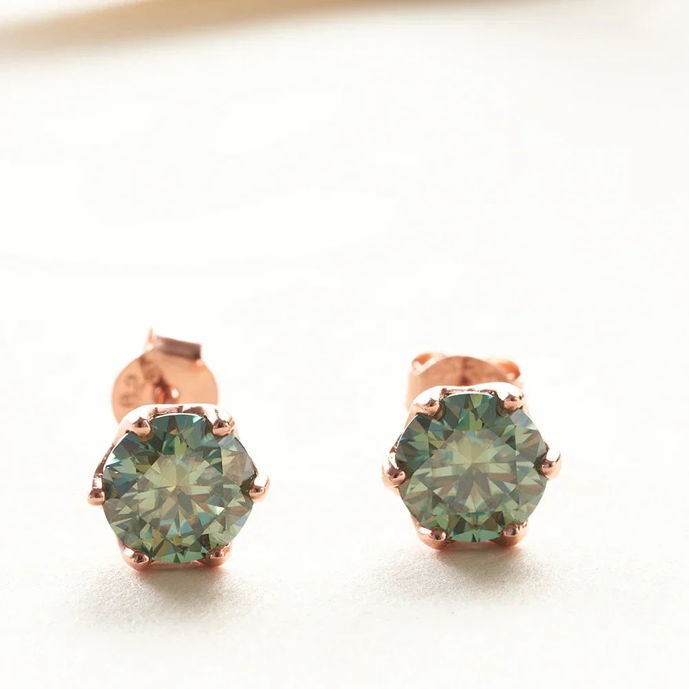 Colored Moissanite Stud Earrings in Rose Gold-Tone Silver