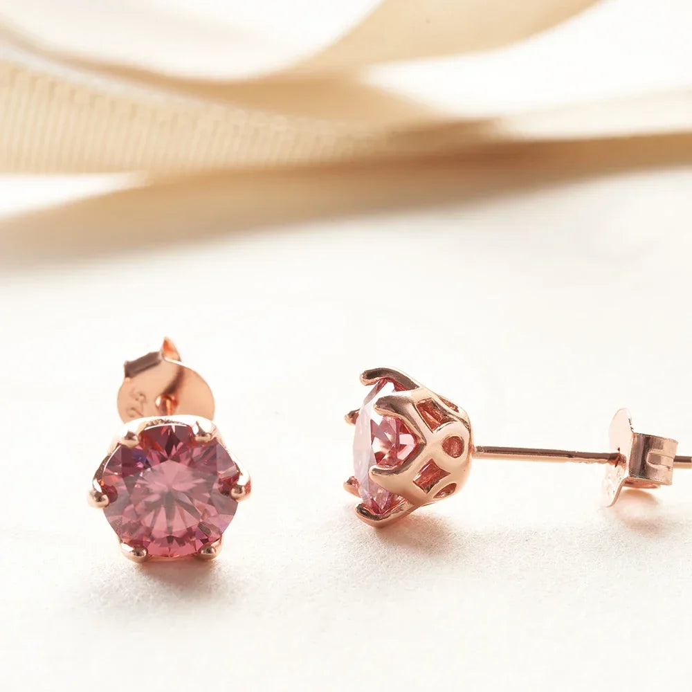 Colored Moissanite Stud Earrings in Rose Gold-Tone Silver